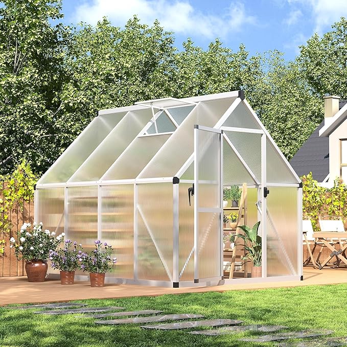 6x7 FT Outdoor Polycarbonate Greenhouse with Lockable Door Adjustable Roof Vent and Windproof Aluminum Frame Walk-in Design for Backyard or Lawn