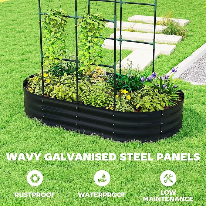 Outsunny Galvanised Raised Garden Bed with Arched Trellis 5 x 3 x 6ft Metal Outdoor Planter Box with Open Bottom Design Modular Raised Bed with Gloves for Vegetable Flower Easy Assembly Dark Gray