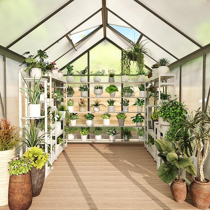 6X8FT Walk-in Polycarbonate Greenhouse Outdoor Weatherproof Greenhouse Kit with Adjustable Roof Vent Sliding Door &amp Gutter Drainage Portable Green House for Patio Backyard Winter Gardening