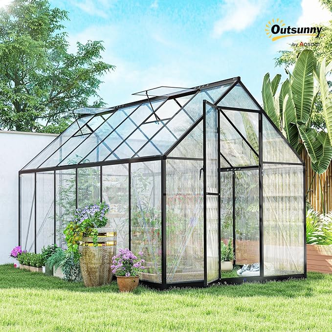Outsunny 11x6 ft Polycarbonate Greenhouse with Swing Door and Two Adjustable Roof Vents Aluminum Walk-in Greenhouse Outdoor Greenhouse for Patio Garden Backyard Black