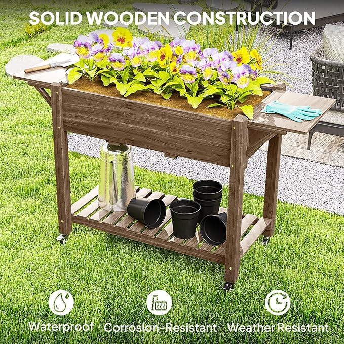 Carbonized Wood Raised Garden Bed Featuring Lockable Wheels Side Shelves Bottom Shelf Hole Drainage Carbonized Surface