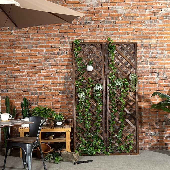 MyGift Wood Trellis Wall Hanging Large Garden Trellis for Climbing Plants Outdoor Brown Lattice Panels for Outside Set of 2
