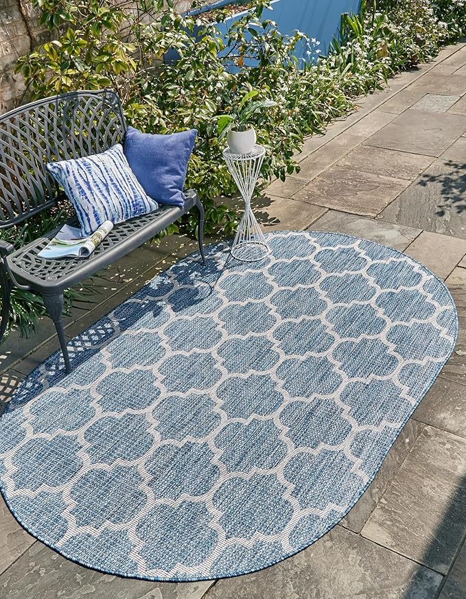 Unique Loom Outdoor Trellis Collection Area Rug - Trellis (Oval 7' 10 x 10' 0 Navy Blue/ Ivory)