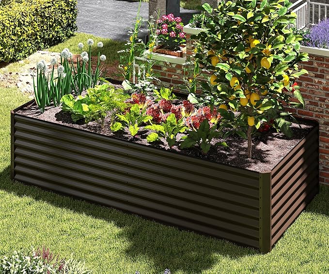 Domi 6×3×2 ft Galvanized Raised Garden Bed Outdoor Planter Garden Boxes Large Metal Planter Box for Gardening Vegetables Fruits Flowers Brown