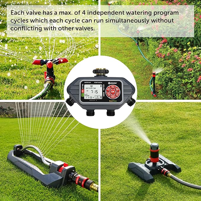 Eden 93413 Programmable Digital Water Timer 4-Zone Compatible with Wireless Soil Moisture Sensor