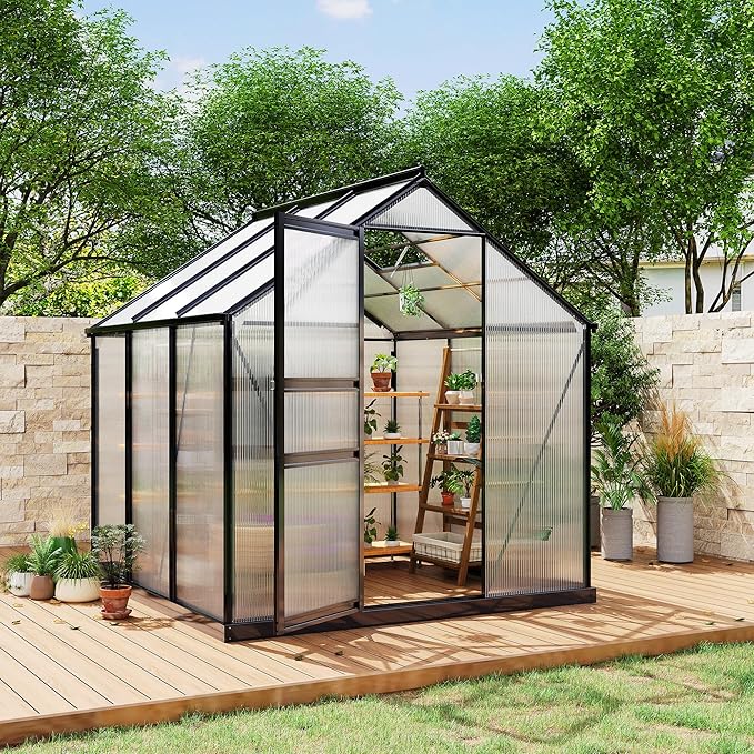 6×6FT Polycarbonate Greenhouse for Outdoors Large Walk in Green House Kit and Winter Garden Planting Enhanced Aluminum Green Houses for Outside to Protect Vegetables or Plants