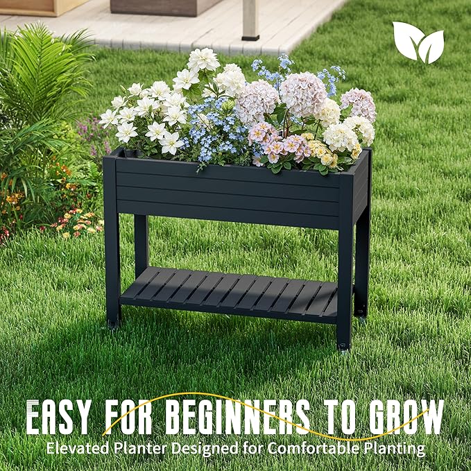 EasyUp 21 Gallon Raised Garden Bed with Legs and Wheels Raised Planter Box with Drainage Plug and Gauge Lower Shelf for Tools and Accessories Dust-Proof Resin for Patio and Backyard(Black)