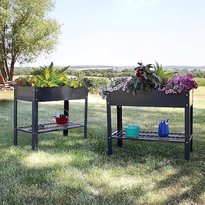 Sunnydaze Galvanized Steel Raised Garden Bed - Set of 2 Elevated Planter Boxes - Individual or Connected Use - Features Lower Storage Shelf – Dark Gray