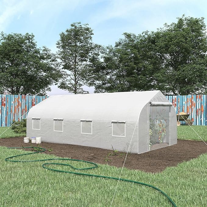 Outsunny 20' x 10' x 7' Walk-in Greenhouse Tunnel Green House with Galvanized Steel Frame Hoop House Kit with Zippered Door and 6 Windows White