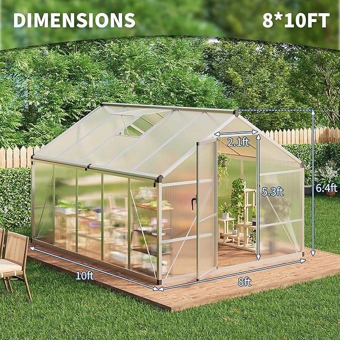 8X10FT Outdoor Greenhouse Aluminum Polycarbonate House Green Houses for Outside with Sliding Doors Ajustable Roof Vent Withstands Bad Weather for Garden or Backyard Silver