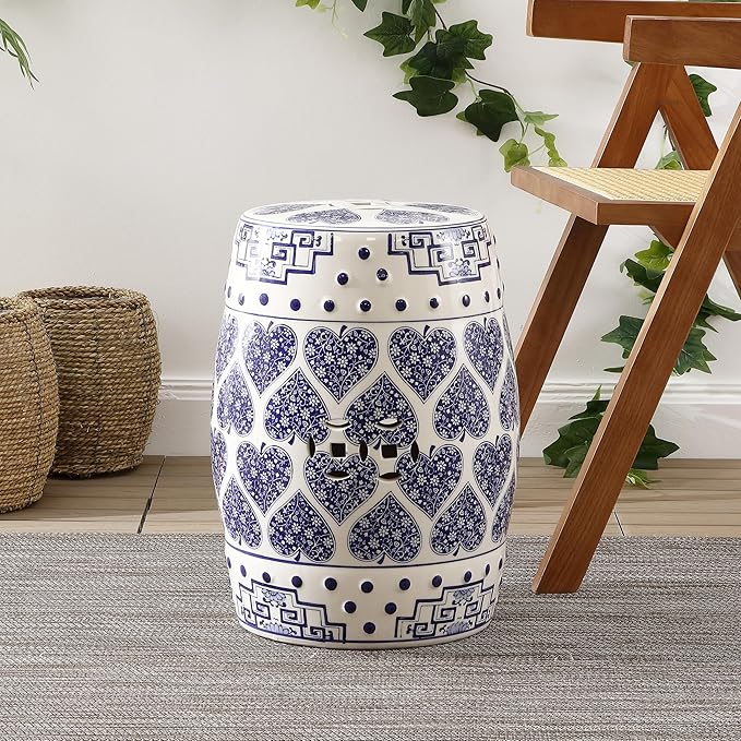 JONATHAN Y TBL1014A Happy Hearts 17.8 Chinoiserie Ceramic Drum Indoor/Outdoor Garden Stool Bohemian Coastal Cottage French Country Traditional Side Table Plant Stand Spill-Proof Blue/White