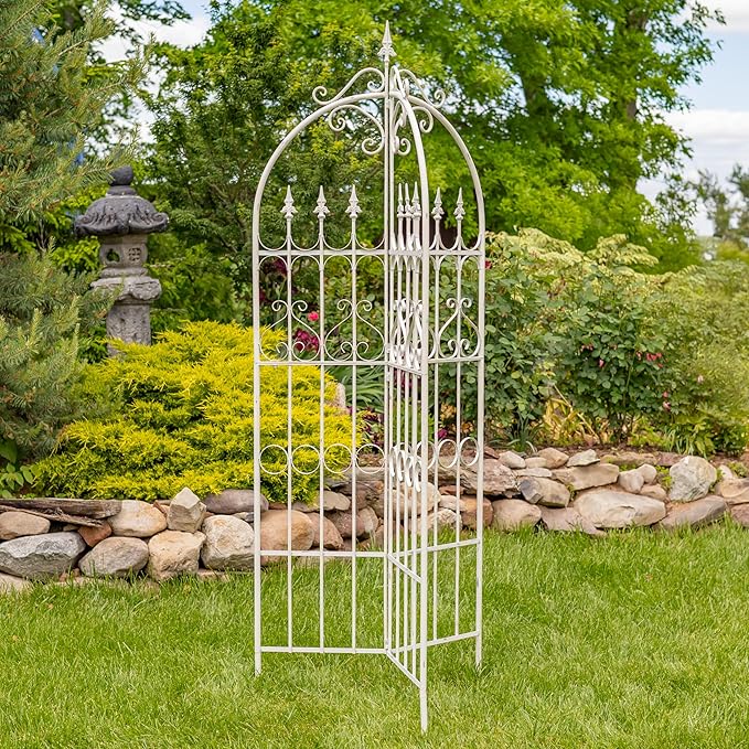 Zaer Ltd. Metal Garden Arch Trellis 7.7ft Tall Three-Panel Design with Fleur-de-lis 25 x 25 x 92.5 inches (Antique White)